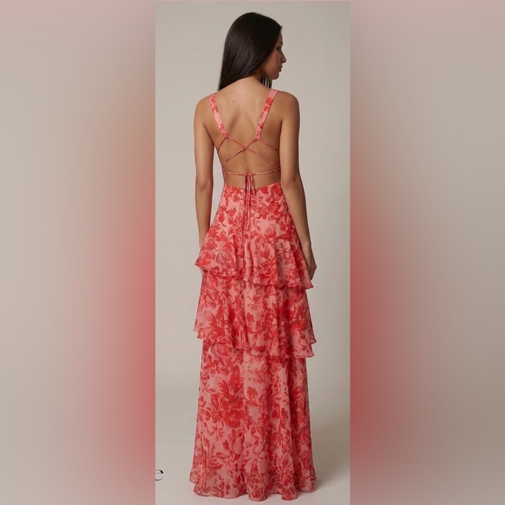 Coral-Pink Floral V-Neck Tiered Midi Dress - Picture 2 of 3